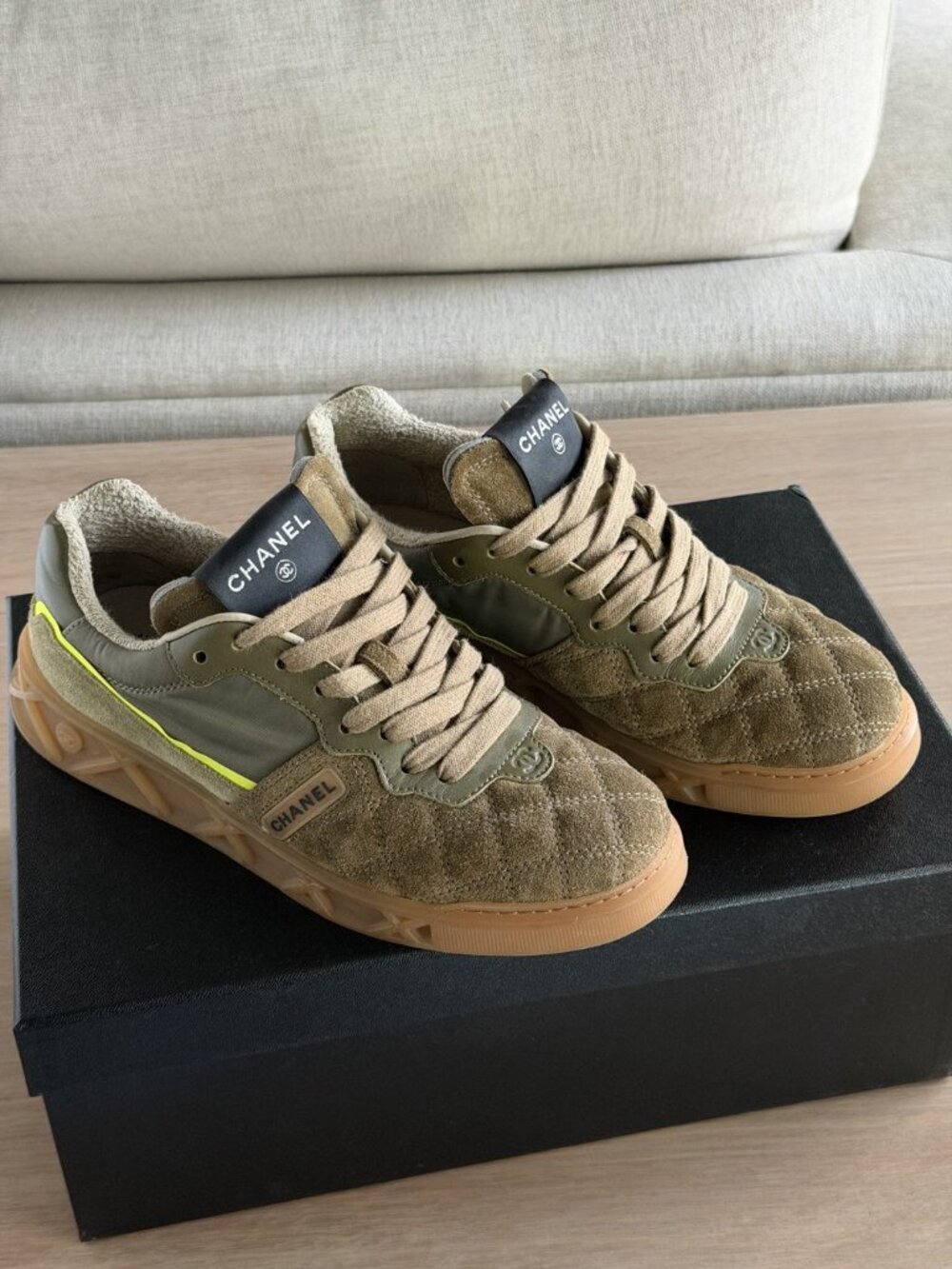 Chanel CC Quilted Suede Trainers G35190 Khaki Sneakers US 6 / 36